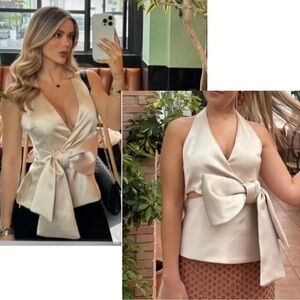 Zara satin Bow tie cut-out side opening halter top V-neck in soft gold Sz L NWT